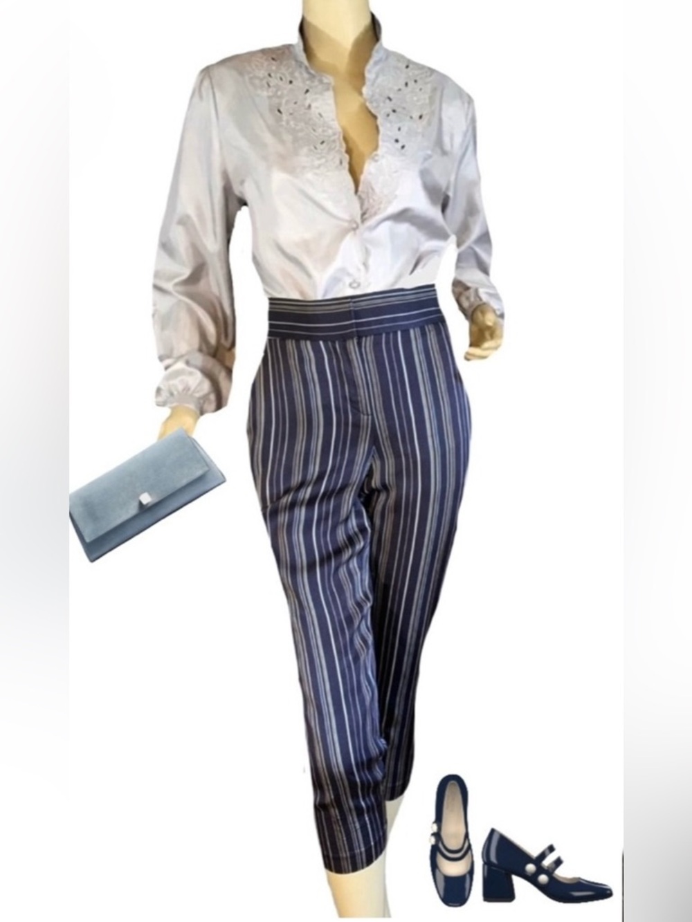 ANN TAYLOR PETITE NAVY BLUE W/SILVER & TAN STRIPES SATIN CROPPED PANTS (4P)